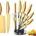 Gold Knife Set8Pcs Gold Titanium-Coated Dishwasher Safe Stainless Steel Kitchen Knife Set with Black Acrylic Knife Holder,Super Sharp Knife Block Set
