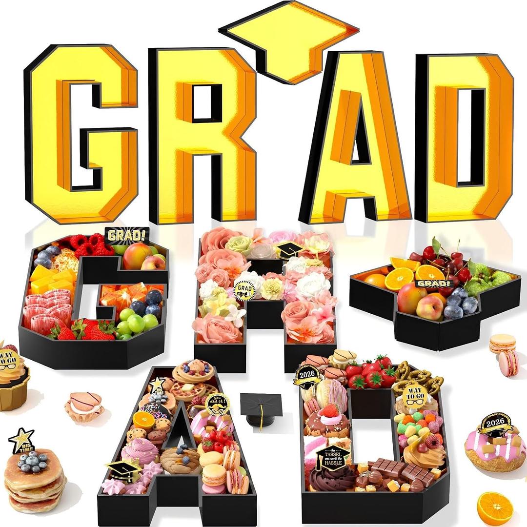 Grad Charcuterie Letters Fillable, 13.78'' Gold Black Grad Cardboard for Charcuterie, Graduation Letter Tray with Doctoral Cap for Chocolate Flowers Cupcakes Box, Class of 2026 Graduation Decoration