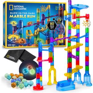 NATIONAL GEOGRAPHIC Glowing Marble Run Construction Set with 15 Glow in The Dark Glass Marbles & Storage Bag, STEM Gifts for Boys and Girls, Building Project Toy 