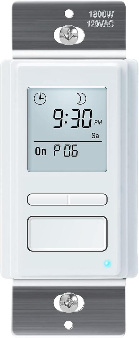 Toolhome 7 Day Programmable In-Wall Timer Switch Automatically Turns Lights and Fans On/Off at Sunrise/Sunset, Neutral Wire Required