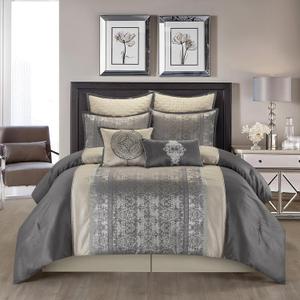 Grand Avenue Silver/Ivory Damask Patchwork King Comforter Set, 8 Piece, Jacquard Pillow Sham, Bedskirt, Decorative Pillow, All Season Bedding Set
