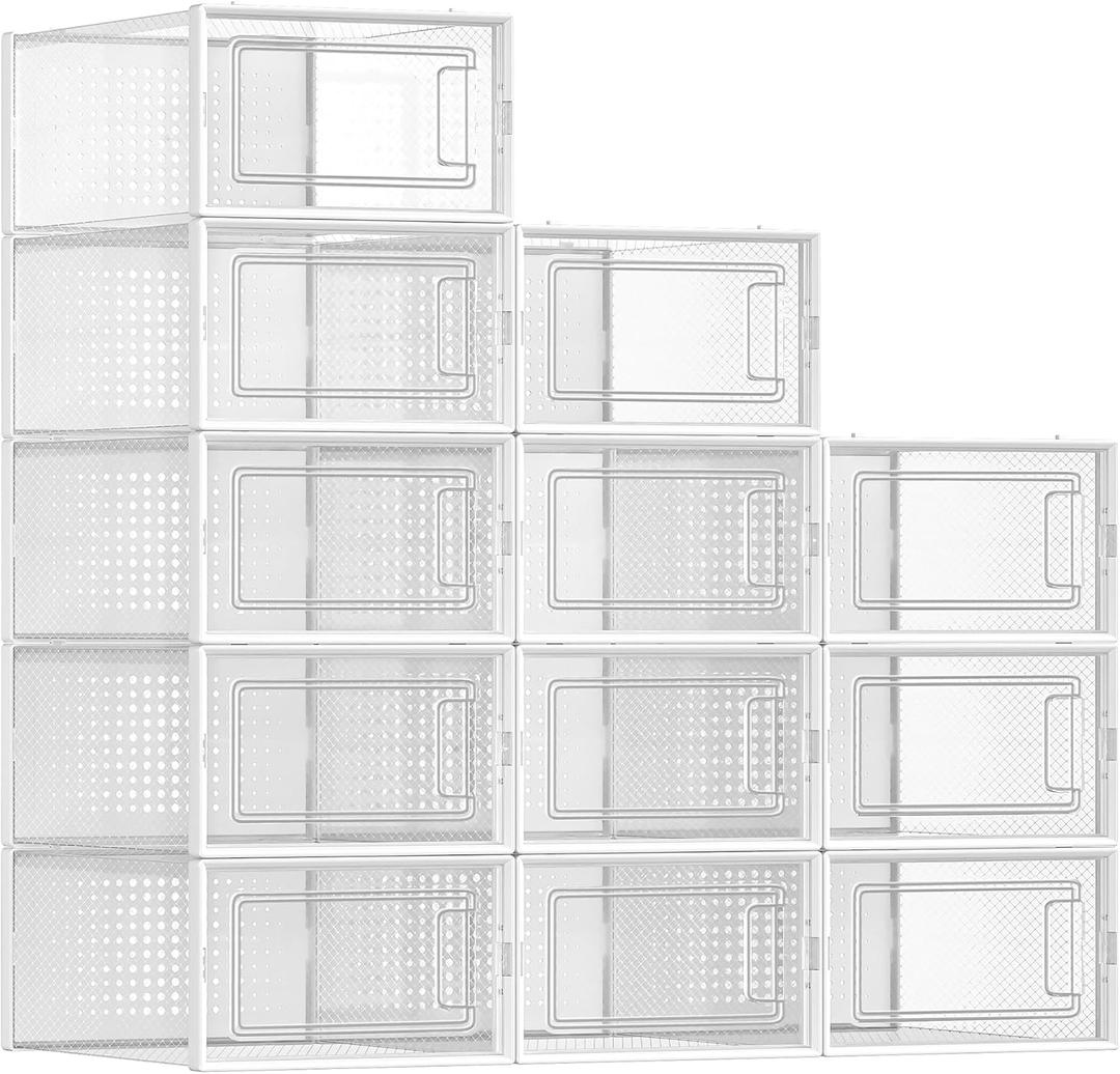 SONGMICS Shoe Boxes, Pack of 12 Shoe Storage Organizers, Stackable Clear Plastic Boxes for Closet, Sneakers, 13.1 x 9.1 x 5.6 Inches, Transparent and White ULSP12SWT