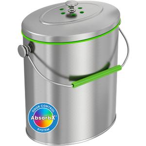 iTouchless Titanium 6 Liter / 1.6 Gallon Stainless Steel Compost Bin with AbsorbX Odor Filter System, Rust-Free Oval Shape Space Saving Kitchen Countertop Trash Can