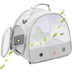 Bird Carrier, Portable Small Bird Parrot Parakeet Carrier with Standing Perch and Soft Support Mat, Side Access Window Collapsible (Grey, Mesh Windows)