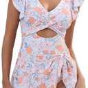 MFAVIP Women One Piece Swim Dress Tummy Control Swimsuits V Neck Ruffle Bathing Suit Cutout Wrap Side Tie Swimwear with Skirt, Large