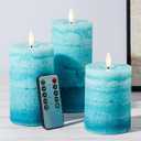 Gradient Teal Flameless Candles with Remote and Timer, Real Wax Made LED Pillar Candles Battery Operated with 3D Flickering Flame - 3" x 4",5",6" - Set of 3 Turquoise Candles