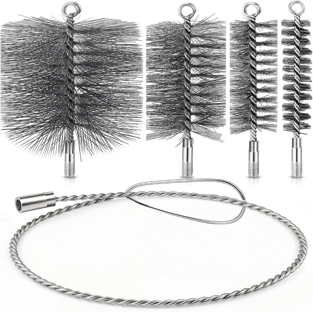 5 Pcs Pipe Cleaning Brush Set Sweep Brush with Flexible Rods 4 Stainless Steel Pipe Brushes Chimney Cleaning Kit with Standard End Fitting for Auto Parts, Bottles, Tubes, Hearth Fireplace
