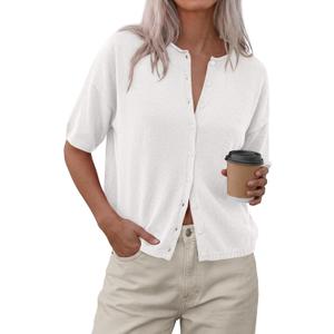 PRETTYGARDEN Women Spring Short Sleeve Cardigan Sweaters Button Down Knit Shirt Blouse Dressy Casual Tops 2026 Summer Outfits (White, XXL)