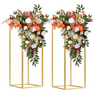 2 pcs 23.6inch/59.9cm Flower Stand Wedding Centerpieces for tables, Gold Metal Vase Column,Rectangular Flower Display Rack for Wedding,Party Decoration