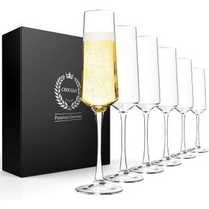 Generic Chouggo Champagne Flutes Set of 6 Hand Blown Crystal Champagne Glasses Hand Crafted by Artisans Premium Crystal Gift for Birthday 8oz Clear 6 Count Pack of 1 CG 01