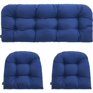 Outdoor/Indoor All Weather Tufted Wicker Chair Cushions of 3 Pieces, 1 Loveseat and 2 U-Shape Waterproof Cushions for Patio Furniture,Wicker Loveseat,Bench-Navy Blue
