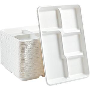 Vplus 100% Compostable 5 Compartment Paper Plates, 100 Pack, 12.5 x 8.6 inch Disposable School Lunch Trays, Eco-Friendly Bagasse Plates for Buffet, and Party