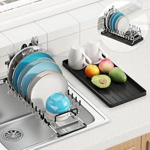 ANTOPY Small Dish Drying Rack - Compact Dish Rack for Kitchen Counter with Silicone Dish Drying Mat, Stainless Steel Dish Drainer for Kitchen Sink Cabinet, Space Saving Plate Rack Cutlery Holder