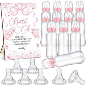 TrelaCo Cool Baby Shower Games Bottle Chug Sign and 12 Pcs Baby Bottle Shower Favor Baby Bottles for Baby Shower Games Gender Reveal (Pink Bow)
