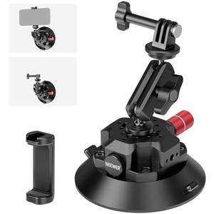 NEEWER 4.5" Suction Cup Camera Mount with Ball Head Magic Arm, 1/4" 3/8" ARRI Holes, Quick Release Car Mount with Phone Holder & Action Cam Adapter Compatible with iPhone DJI Insta360, CA105
