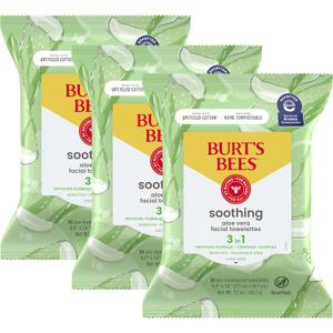 Burts Bees Soothing, Fragrance Free Facial Towelettes for Sensitive Skin, Aloe Vera, 100% Plant Based Cloths; 99% Natural Origin; Removes Makeup, Dirt and Oil; No Rinsing; 30 Ct, Pack of 3