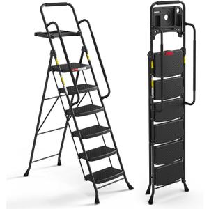HBTower 6 Step Ladder, Folding Ladder with Handrails & Tool Tray