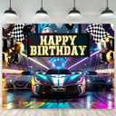 Riyidecor Racing Car Happy Birthday Backdrop Cartoon Black White Cool Plaid Flag Neon Bday 8Wx6H Feet Polyester Fabric for Men Boys Photography Background Bday Table Decor Banner Studio Photo Shoot