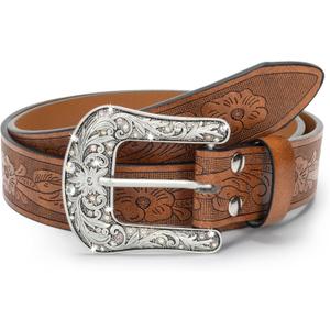 Eohak Western-Belt-for-Women-Cowgirl, PU-Leather-Waist-Belts with Vintage-Carved-Buckle and Tips-Ends for Jeans Pants Dresses (Medium, Shiny - Brown)