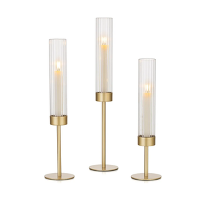 Gold Candle Holders Set of 3 Decorative Taper Candlestick Holders with Windproof Glass for Wedding Reception, Home Decor, and Holiday Centerpieces Elegant Heights of 14'', 16.5'', 18.8''