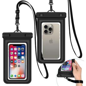 IPX8 Floating Waterproof Dry Bag 2-Pack, 7.2 Inch Waterproof Phone Pouch for iPhone 16/15/14 Pro Max Galaxy S24/S23 Adjustable Lanyard + wrist strap Beach Swimming Travel Essentials Black