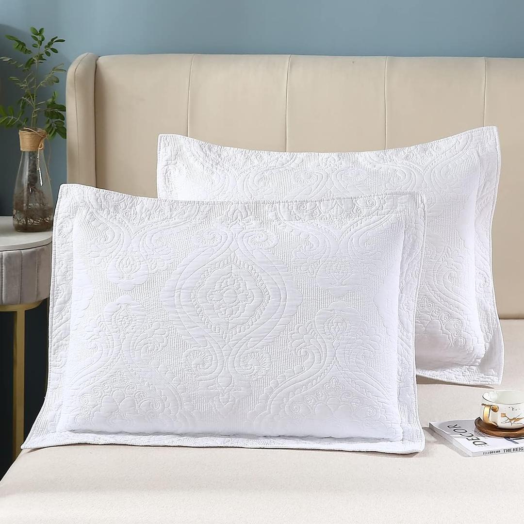 WINLIFE American Style Quilted Embroidered Solid Color Pillow Cases King Size 100% Cotton Boho Chic Printed Pillow Shams Set of 2 (20''x 36'', Damask, White)