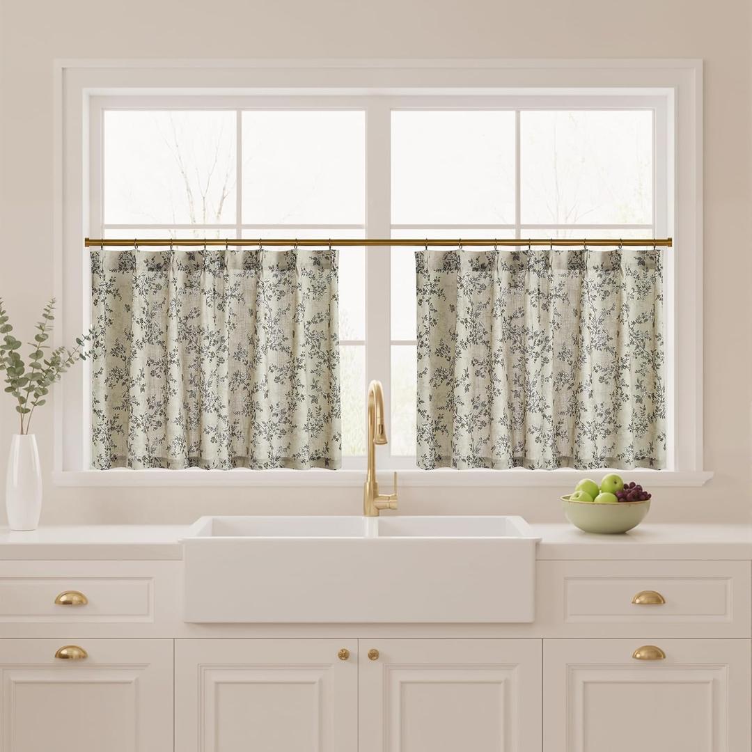 StangH Kitchen Cafe Curtains Pinch Pleat Floral Curtains for Small Window, Luxurious Vintage Linen Sheer Block Print 36 Inch Long Half Drapes for Windows, Porcelain, 26W x 36L, 2 Panels