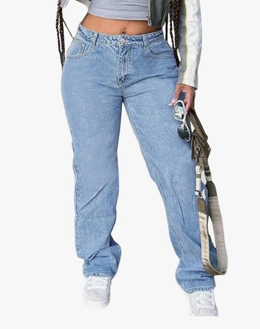 Women's Mid Waisted Straight Wide Leg Jeans Loose Fit Boyfriend Tummy Control Trendy Denim Pants with Pocket, S