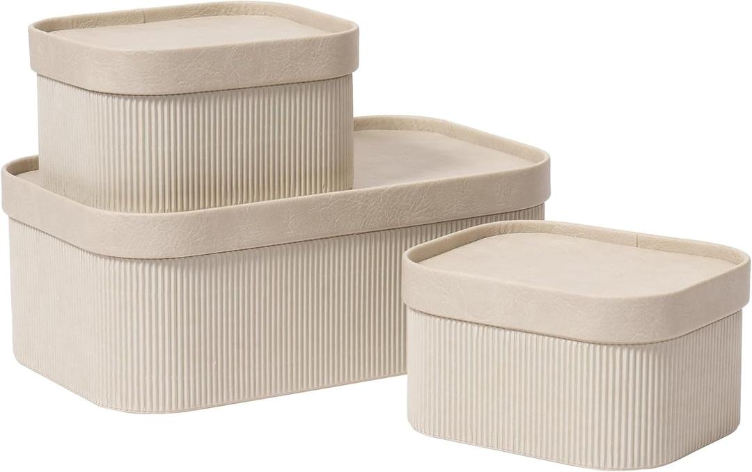 La Jolie Maison Fluted Cardboard Storage Baskets with Leather-Like Lids, Sturdy Stackable Paper Boxes Decorative Tray,Set of 3 Ivory