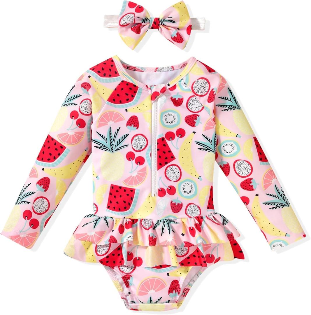 HIHA Toddler Baby Girl One Piece Zip Up Long Sleeve Swimsuit Rashguard Set with Headband (18-24 Months, Fruits)