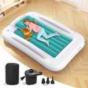 Inflatable Toddler Travel Bed - 60 Inches Portable Toddler Bed for Travel with Safety Sides - Cozy Kids Air Mattress Set with High-Speed Pump & Carry Case - Easy to Inflate(Teal Blue)