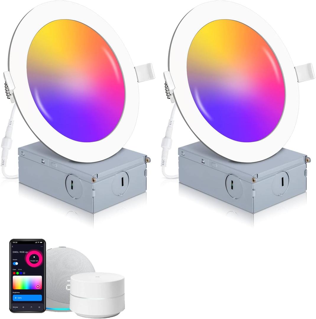 2 Pack Smart Recessed Lighting 6 Inch, Ultra-Thin LED Recessed Lighting 12W 1200LM Smart Downlight with Junction Box, Compatible with Alexa/Google Assistant - ETL and Energy Star (2P-RGB-WH)