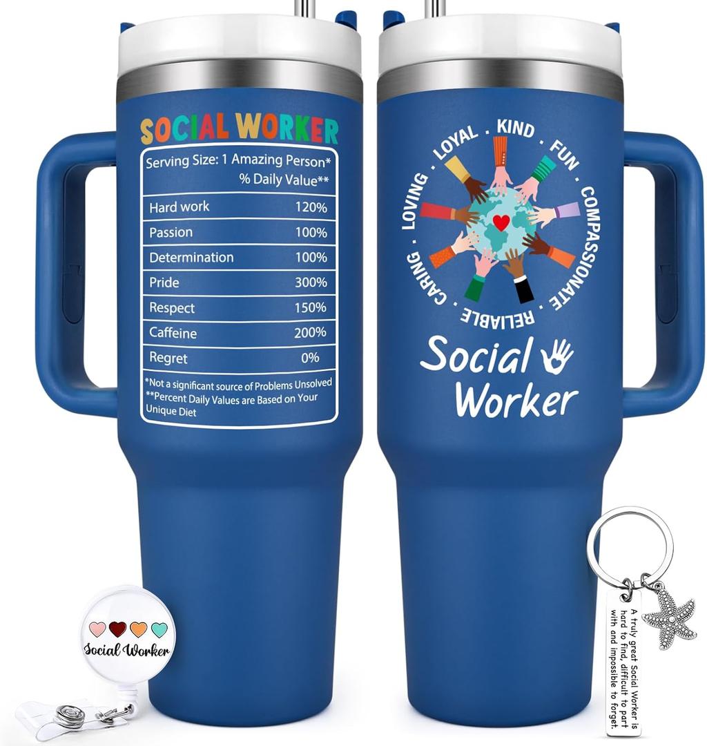 Qtencas Social Worker Gifts for Men Women, Social Worker Appreciation Gifts, 40 Oz Stainless Steel Tumbler, Social Works Birthday Graduation Christmas Gifts for BSW MSW DSW, Social Work Month Gifts (Blue)