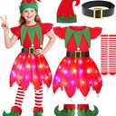 Gorkonpy Elf Costume for Girls Kids LED Light Up Elf Dress for Christmas Girl (5-6 Years, Red)