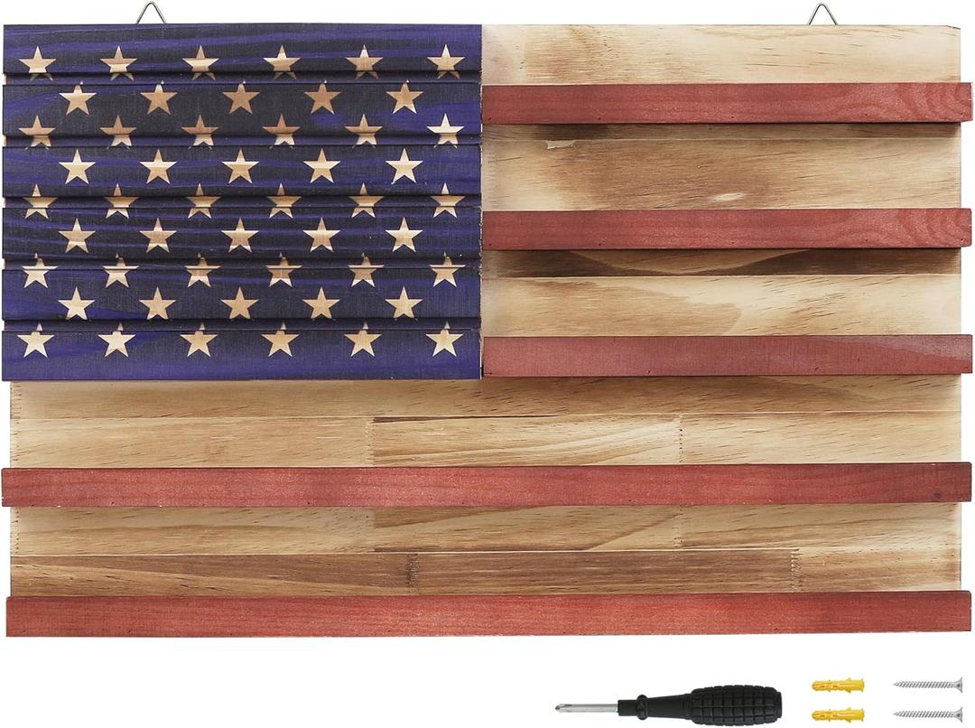 LACGO Challenge Coin Display Wall Mount, Military Coin Display Holder with American Flag, Wooden Coins Collection Stand for Police, Veteran, Patriotic Decor