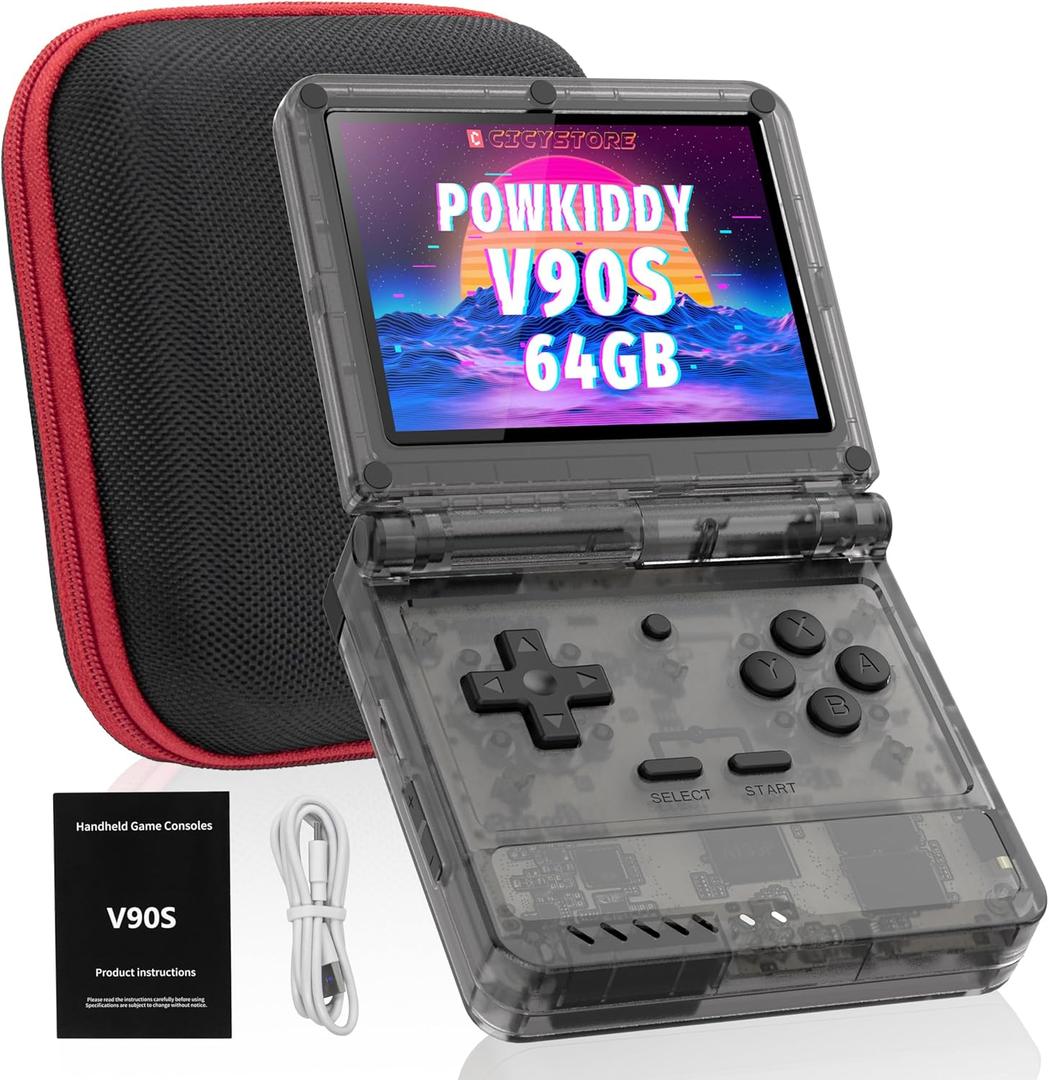 Powkiddy V90S Retro Handheld Console - 10,000+ Preloaded Games, Foldable Clamshell Design, 3.5" IPS Screen, 4-6 Hour Battery, Dual TF Slots (Transparent Black)