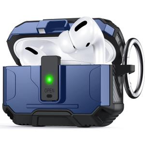 for AirPods Pro Case Cover [Safety Lock] [Magnetic One-Click Open] [Military Shockproof Armor] Double Rugged Outdoor Wireless Charging Case for AirPods Pro 1st Generation with Keychain, Blue