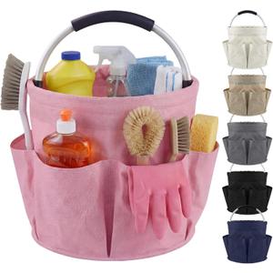 Loungewave Cleaning Caddy with Handle and 6 Pockets, 17L Cleaning Supplies Organizer, 600D Oxford Fabric Storage Basket, Multifunctional Bucket Bag for Picnics, Camping, Gardening, Bathing (Pink)