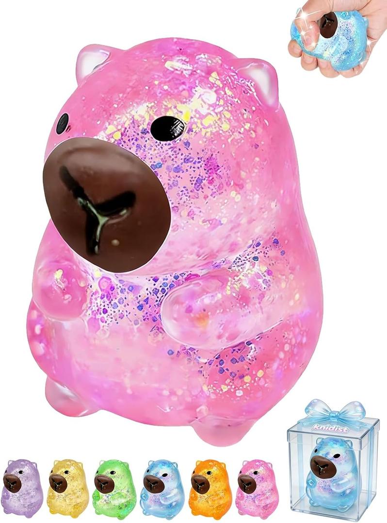 Capybara Squishy Glitter Animal Squeeze Balls Cute Capybara Stress Ball Anxiety Relief Slow Rise Adult Sensory Fidget Tool Gift Sparkling Desk Decor Collectibles Decompression Dough(Pink)