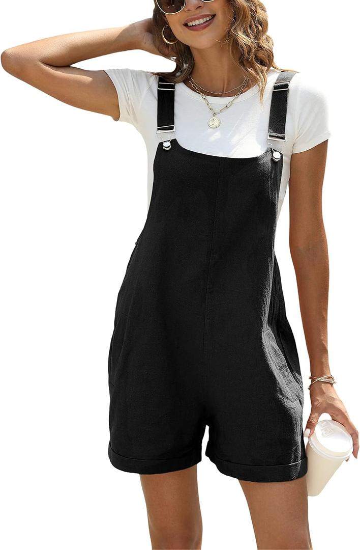 Ailoqing Womens Cotton Linen Short Overalls Casual Summer Bib Shortalls Rompers with Pockets (Large, Black)