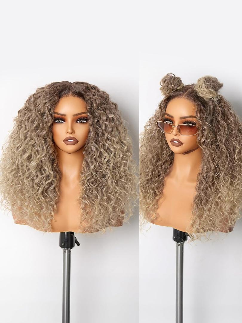 GORGIUS Brown and Blonde Highlight Curly Lace Front Wigs Pre Cut Glueless Highlighted Synthetic Wig Upgraded with Premium Human-Hair-Like Fiber Pre Plucked Hairline 20 Inch