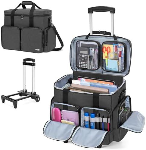 CURMIO Rolling Teacher Tote Bag with Padded Laptop Compartment for up to 15.6 Inches Laptop, Wheeled Teacher Bag for Teaching, Office, Craft, Black