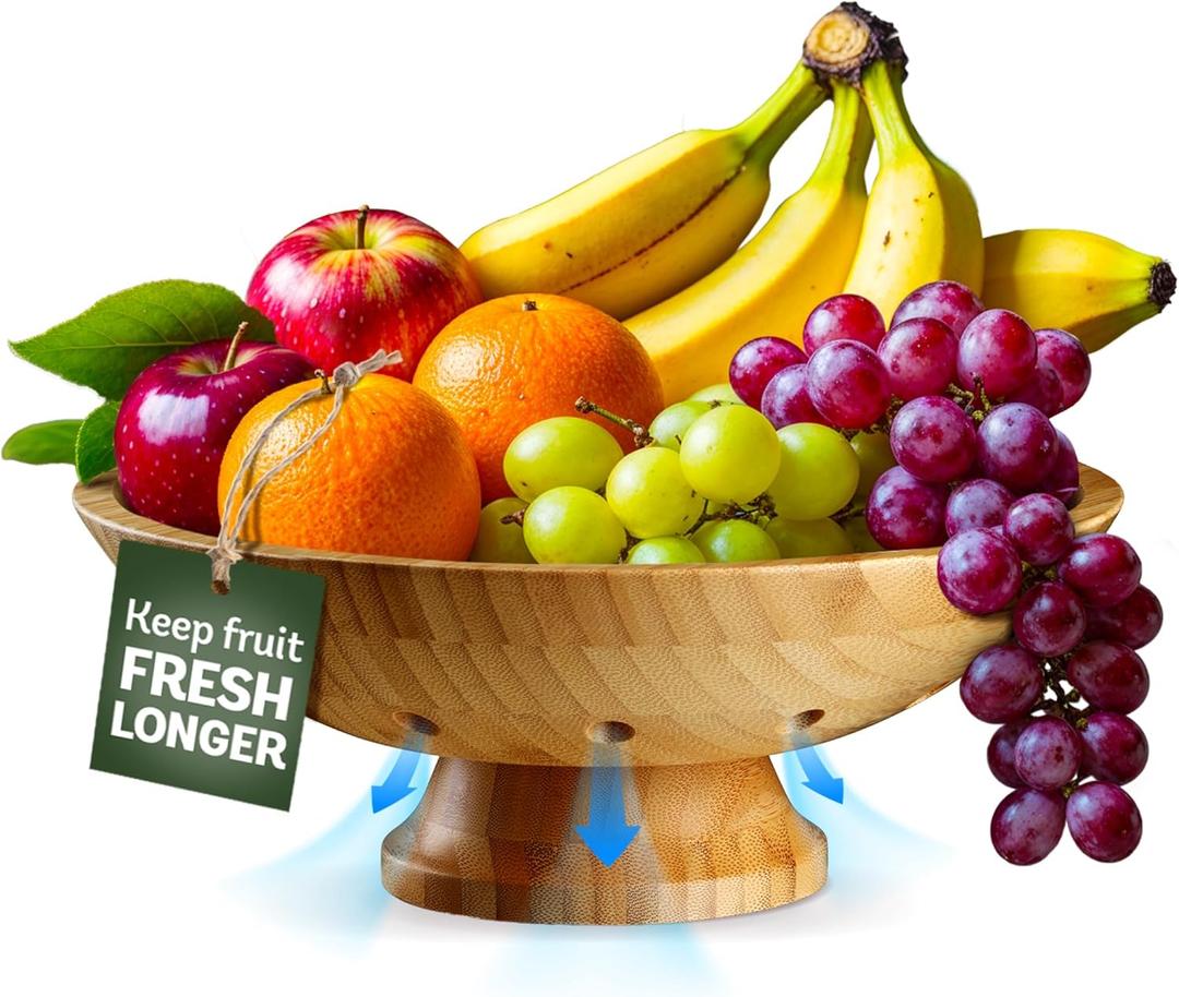 Fruit Basket for Kitchen Counter - Fruit Bowl for Kitchen Counter, Bamboo Pedestal Fruit Basket with Ventilation Holes, Wooden Fruit Bowl for Fruit and Vegetable Storage, Decorative Frutero for Cocina