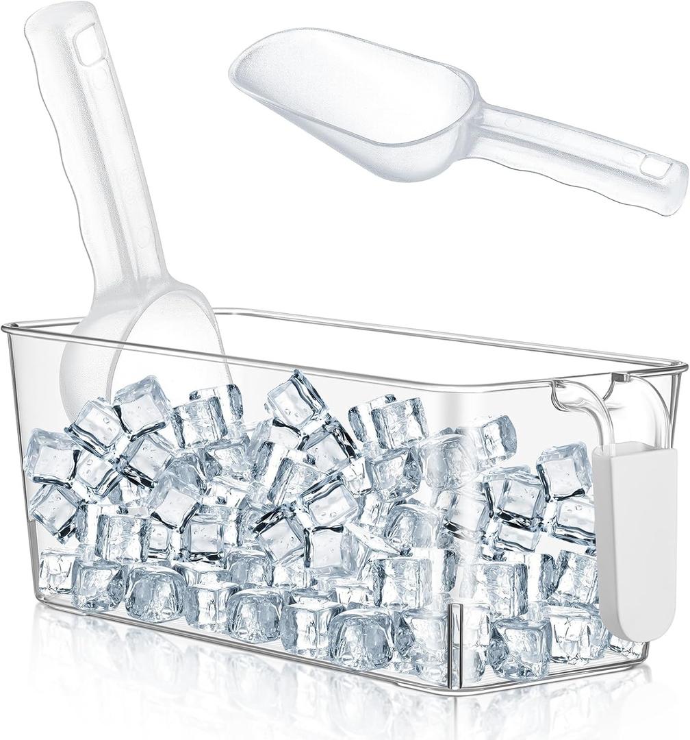 Havawish 1 Set Ice Bin and Flexible Scoop Set Plastic Freezer Ice Bin with Pull out Handle Storage Bucket Clear for Container with Bucket Scoop (10.83 x 4.92 x 4.33 in, Grey)