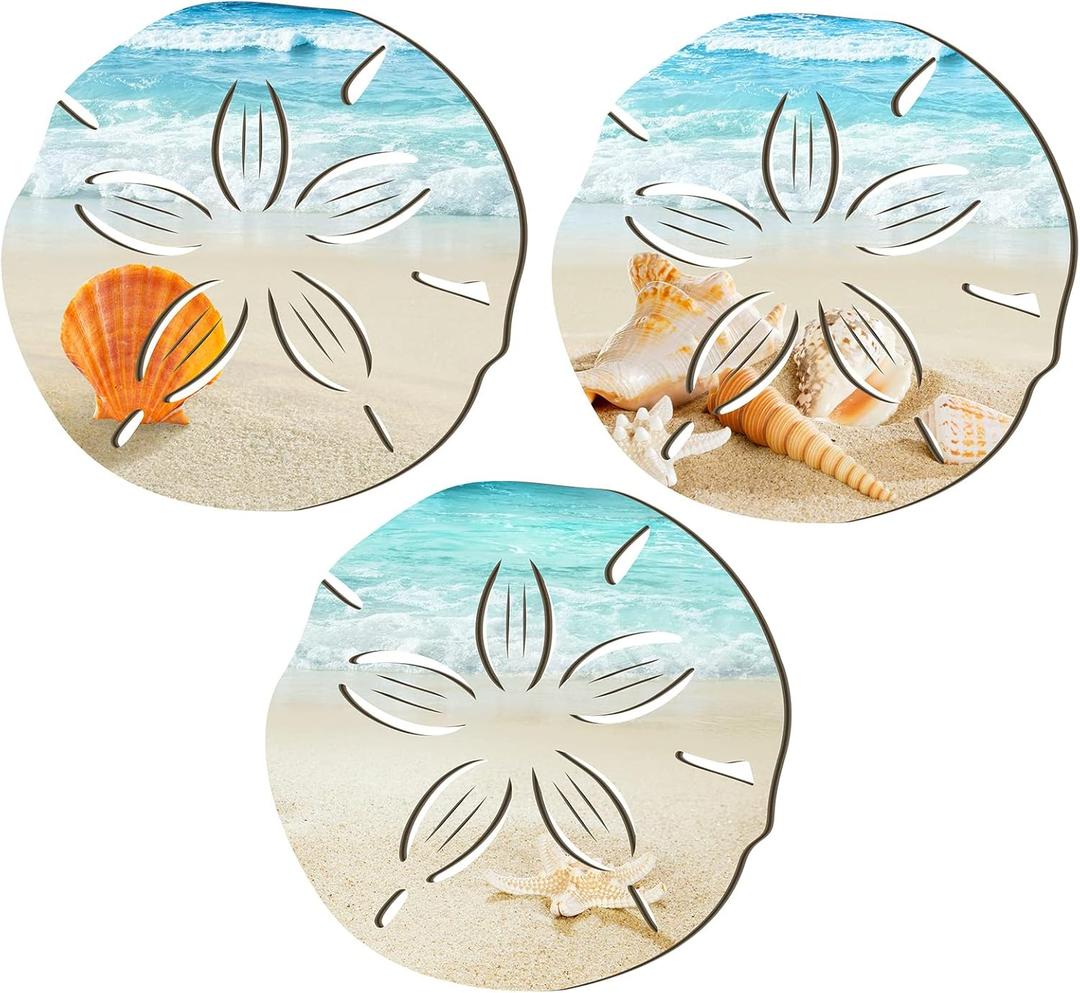 Tatuo 3 Pcs Summer Coastal Wall Decor Bathroom Beach Blue Wall Art Sea Turtle Surfboard Seahorse Starfish Seashell Conches Crabs Sea Life Decor for Bedroom Home (Sand Dollar Style)