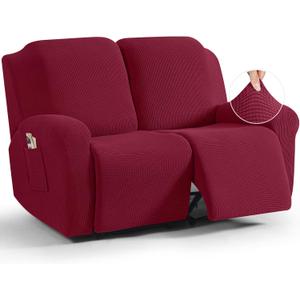 TAOCOCO Recliner Loveseat Slipcover, 6 Pieces Dual Recliner Sofa Covers for 2 Seat Dual Reclining Loveseat Couch, Stretch Soft Jacquard Pattern Furniture Protector with Elasticity (Burgundy)