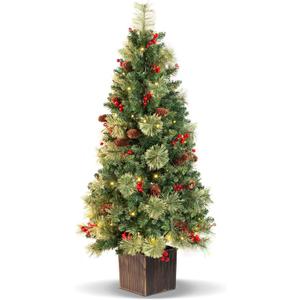 4FT Outdoor Christmas Tree with Lights in Vintage Potted Base, Battery Operated Xmas Tree with Cedar Branches & Pinecones, 100 LED Warm Lights with Timer, Porch Entryway Holiday Decoration