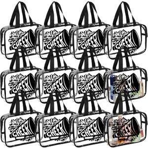 Kacctyen 12 Pcs Cheer Large Clear Toiletry Cosmetic Makeup Bag with Zipper and Handle Cheer Snack Bag Bulk for Team 12 x 9 x 4 Gift Bags Tote Pouch Cheerleading Teammates Party Supplies (Black)