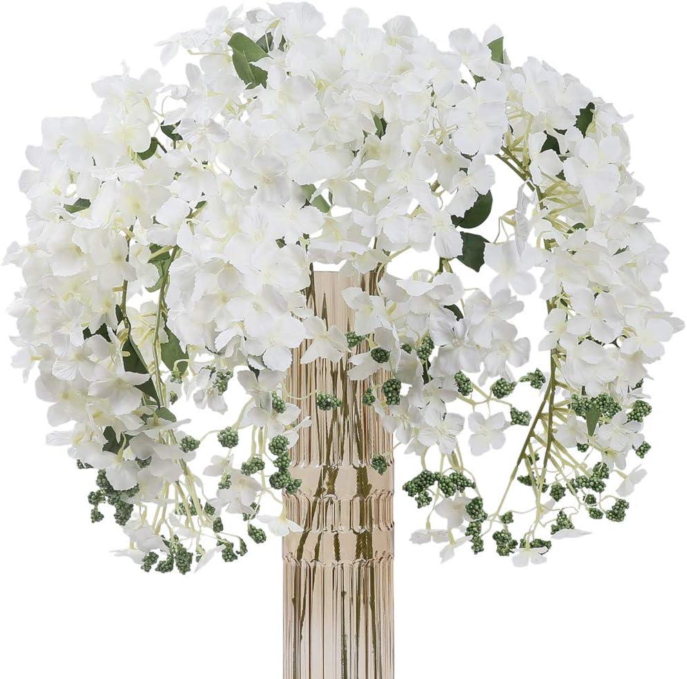 6pcs Artificial Silk Hydrangea Flowers Long Stems Fake Flowers for Tall Vase Wedding Vine Hanging Garlands Flower for Home Office Arch Party Decoration(White)