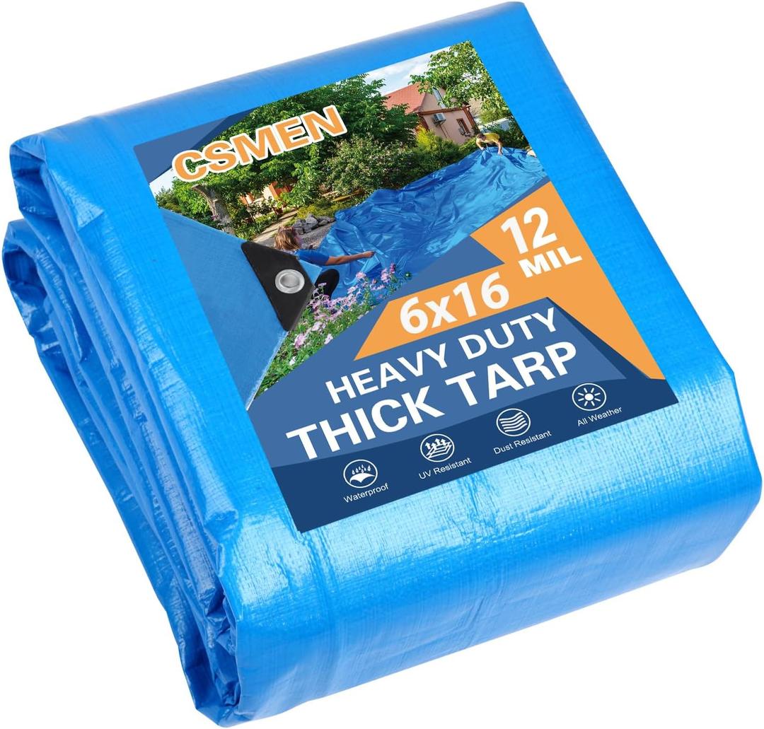 Tarp Heay Duty Waterproof 6x16ft,Blue Tarp Cover Plastic Poly Tarpaulin for Outdoor Cover,Emergency Rain,Roof, Pool, Boat,Camping - Multipurpose with 12Mil Thickness